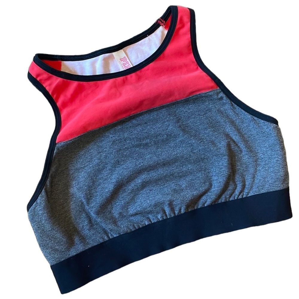 •PINK•VSP HIGH NECK BLACK/RED/GREY RACERBACK CROP SPORTS BRA SIZE MEDIUM